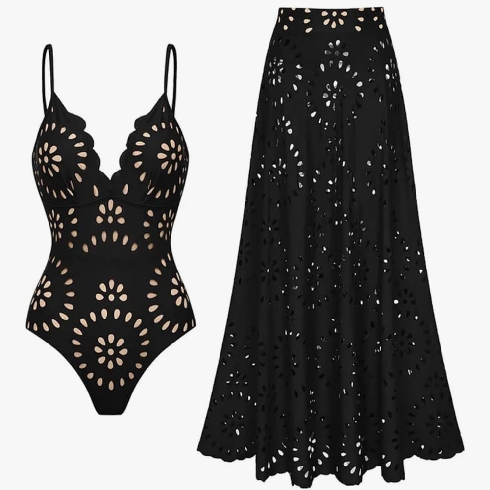 Black Cutout Swimsuit and Skirt Set